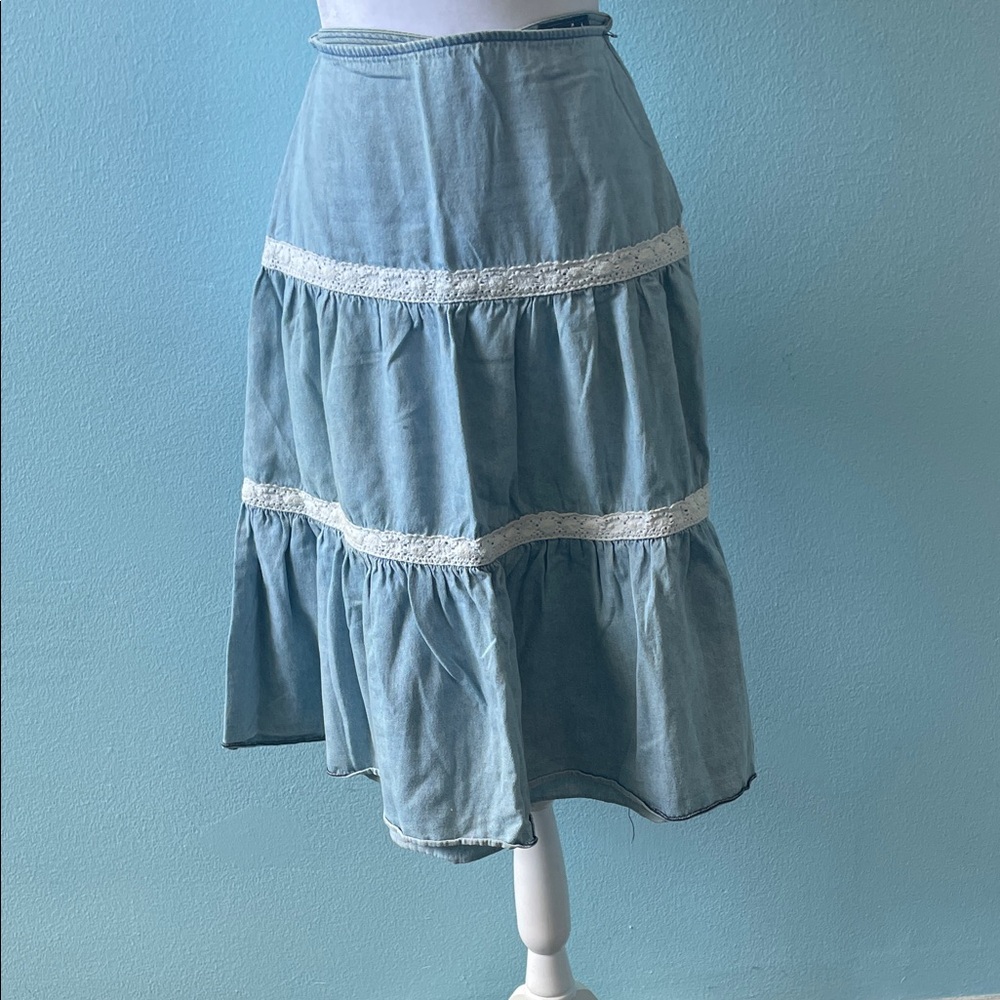 Jolt Light Blue Tiered Lace-Trim Midi Skirt
